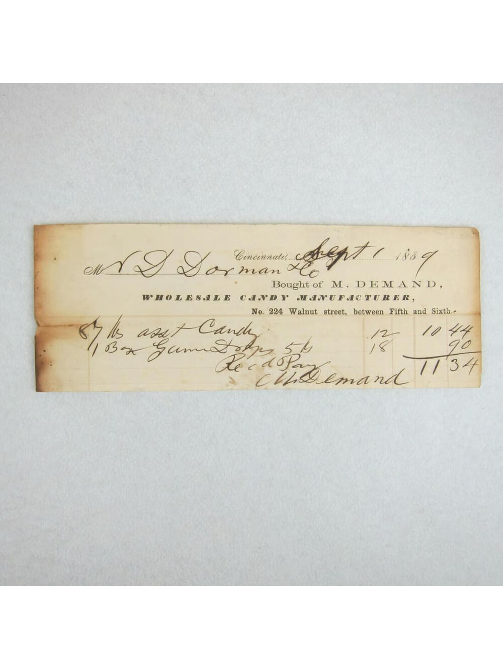 Antique 1859 M. Demand Wholesale Candy Manufacturer Cincinnati Receipt Invoice